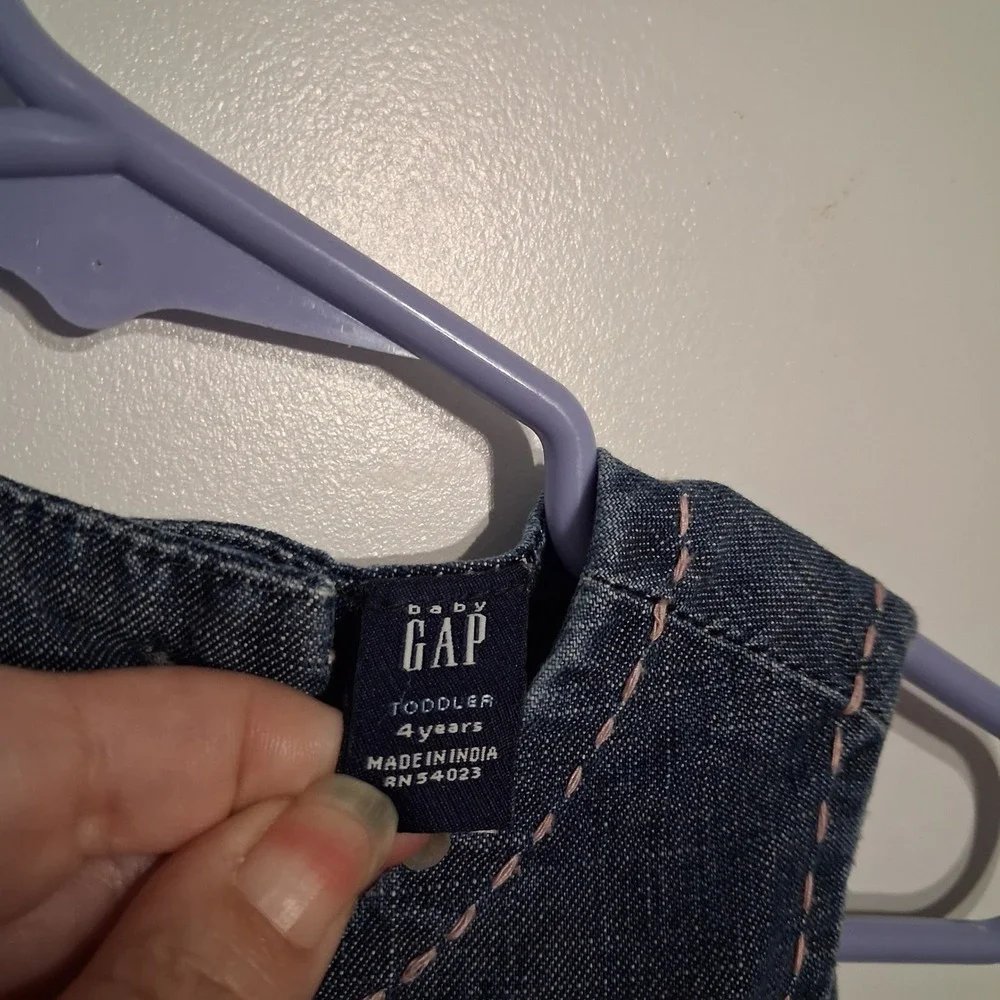 Vintage Baby Gap Toddler Girls Denim Chambray Dress Heart Buttons Pink Stitching